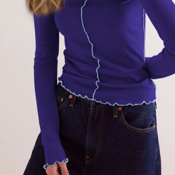 Casual Y2k Royal Purple  Fitted Long Sleeve White Shirt Contrast Stitch - Picture 2 of 4